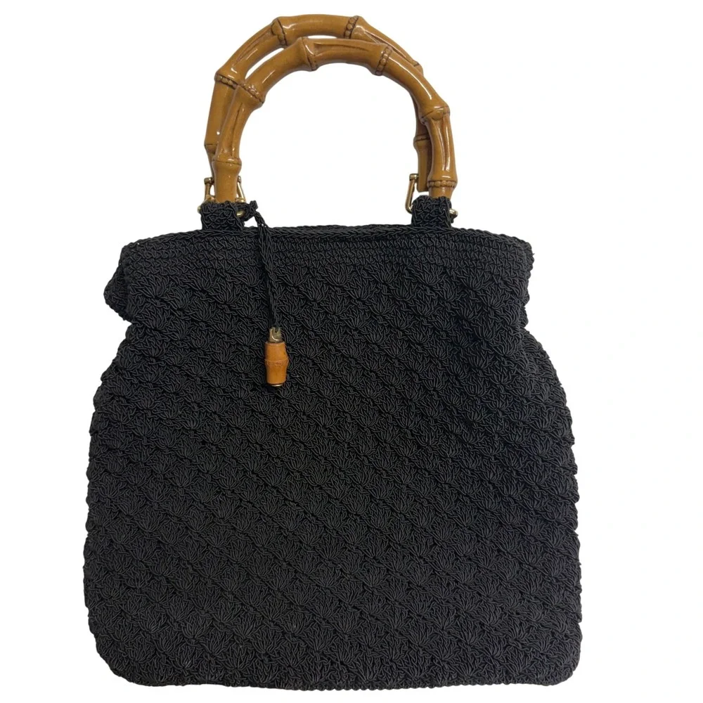 Liz Claiborne Black Woven Bamboo Handle Satchel Tote Handbag Pink Lining